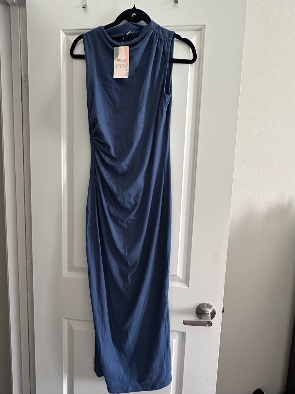 Sleeveless Slate Blue Maxi Dress with Gathered Side Detail